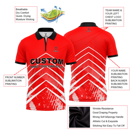 Custom-Made High-Quality Sublimated Printed Red Zipper Performance Polo Shirts