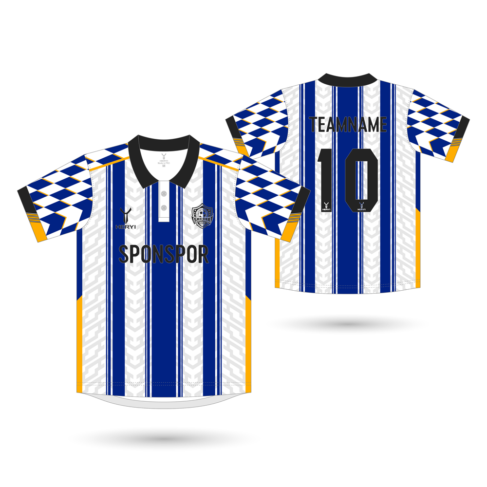 Custom Blue & White Striped Soccer Jersey | Diamond Sleeve Pattern OEM