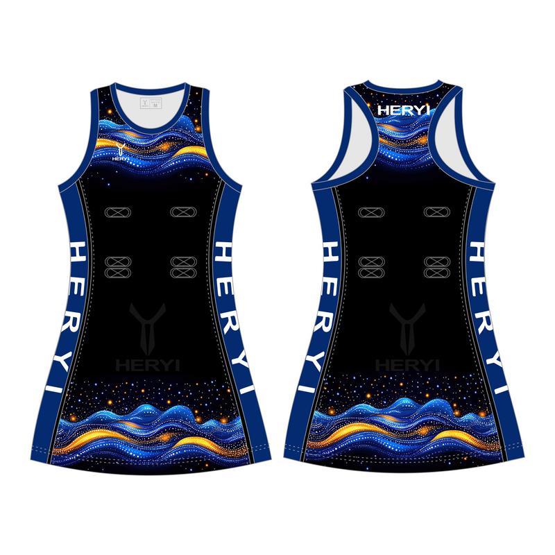 Custom black blue aborigines netball dress