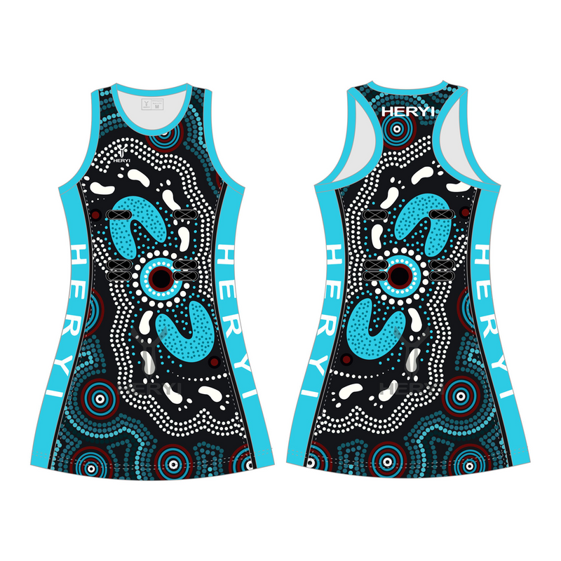 Custom black blue aborigines netball jersey